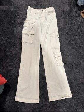 Forever 21 Cream Wide-Leg Cargo Jeans with Flap Pockets